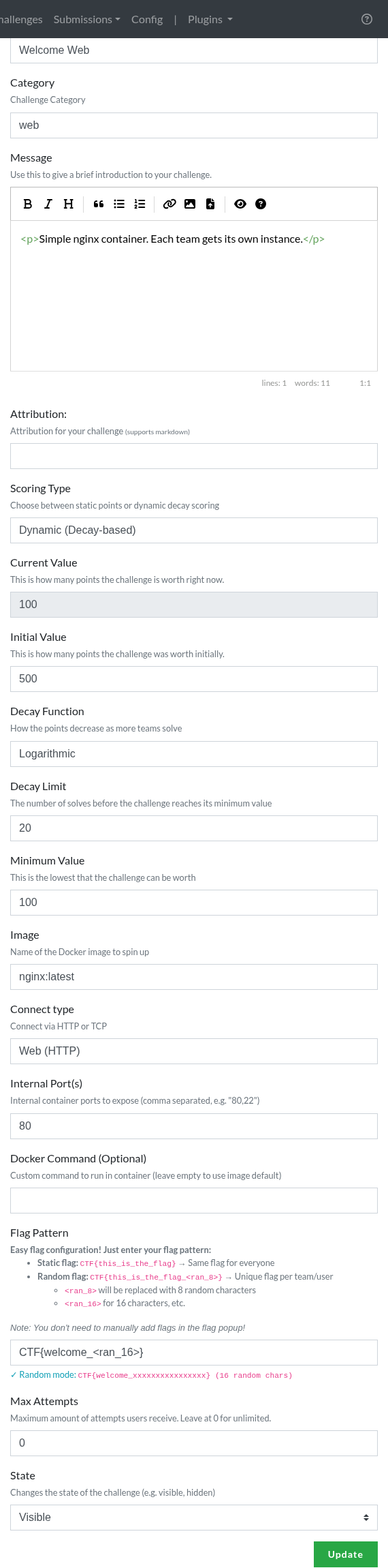 Container fields in the update form